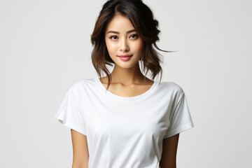 Fototapeta premium Beautiful dark-haired asian woman in t-shirt isolated on white background
