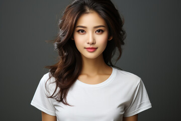 Fototapeta premium Beautiful dark-haired asian woman in t-shirt isolated on gray background
