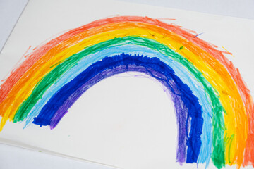 Drawing of a 6 year old child - a rainbow drawn with felt-tip pens in a sketchbook - obrazy, fototapety, plakaty