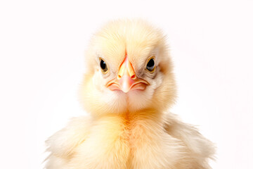 Cute little chicken isolated on white background. Close up.