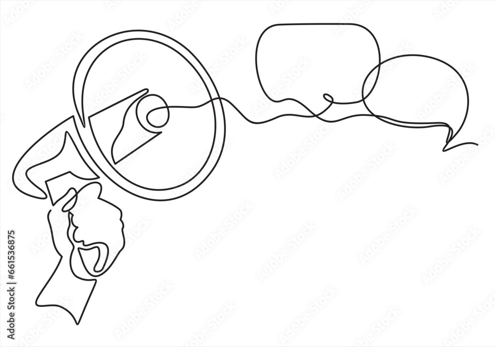 Poster continuous one line drawing of megaphone speaker with bubble chat. megaphone with bubble speech outl