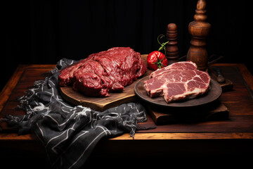 Raw meat on a wooden board. Black background.