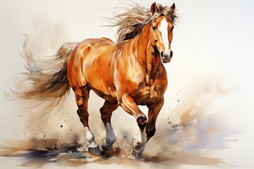 Obraz premium Beautiful chestnut stallion stands proudly in a snowy field, mane flowing in the wind
