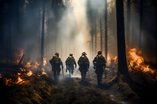 Firemen or firefighters extinguishing a wildfire grass and trees. Concept image.