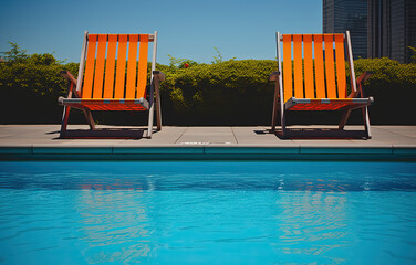 Orange chairs by the pool created with Generative AI technology