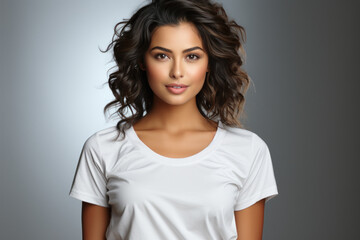 Obraz premium Beautiful young brunette woman in white t-shirt isolated on white background