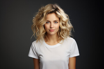 Fototapeta premium Beautiful young blond woman in white t-shirt isolated on gray background