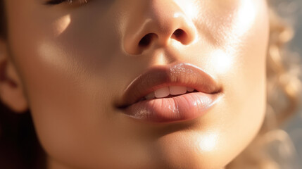 Close-up of glossy lips and skin in sunlight. - obrazy, fototapety, plakaty