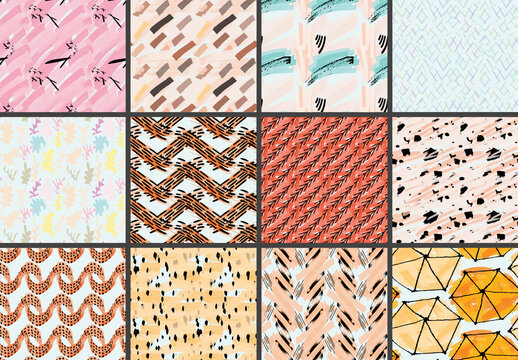 Seamless Pattern Set with Marker Brush Doodle and Strokes 