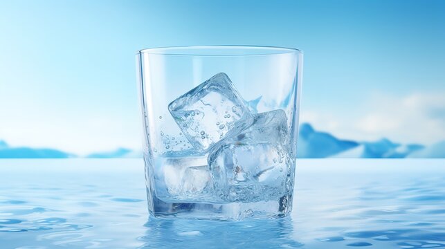 pure clear water with ice cubes in transparent glass cup