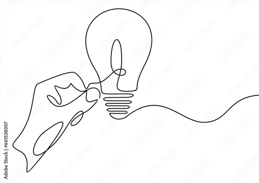 Poster lightbulb on hand one continuous line drawing. electric lamp. brainstorm linear symbol. vector isola