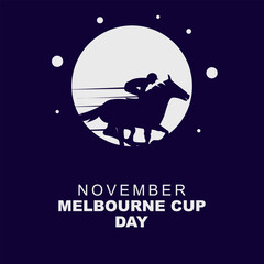 Fototapeta premium Vector illustration of Melbourne Cup Day November, design with silhouettes of people racing horses on purple background