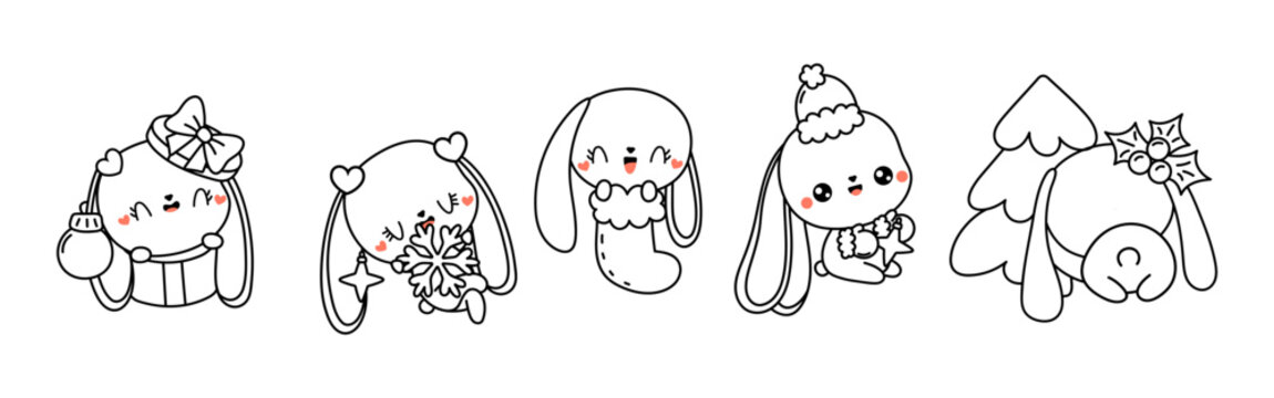 Collection of Vector Christmas Rabbit Outline. Set of Isolated Xmas Bunny Coloring Page