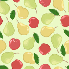 Green and yellow pears and red apples seamless pattern hand drawn in doodle style for print, background, poster, card, banner, cover.
