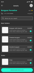 Fast Food and Hamburguer take away , delivery food, Burguer Restaurant Black App Ui Kit Dark Template
