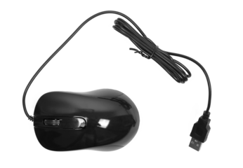 Black computer mouse isolated on white, top view, clipping