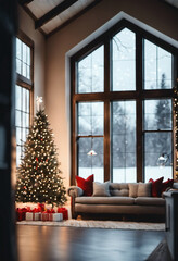 Modern American farmhouse living room interior with contemporary Christmas decor, snow covered exterior viewable through large, vaulted glass windows in background.