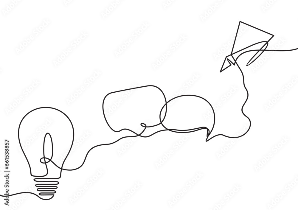 Poster paper plane flying up connected with light bulb in one continuous line drawing. airplane in outline 