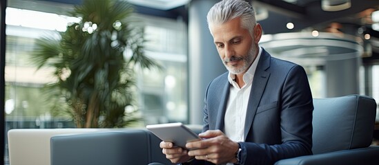 Experienced professional using tablet to share data with junior coworker in modern lounge