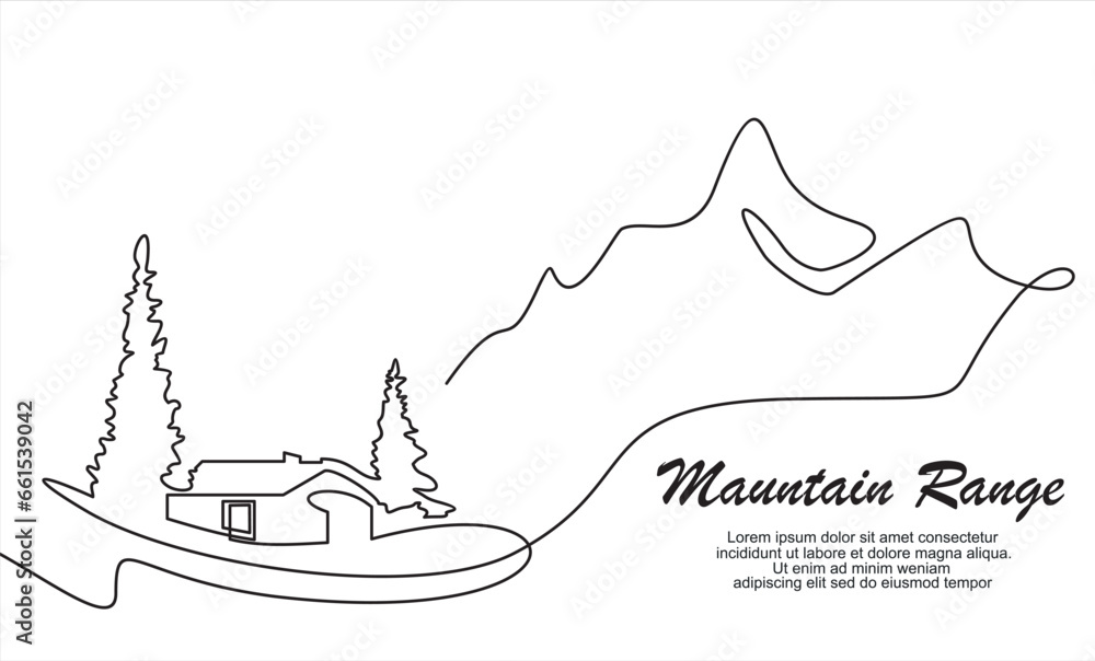 Poster one continuous line drawing of mountain range landscape. web banner with mounts and high peak in sim
