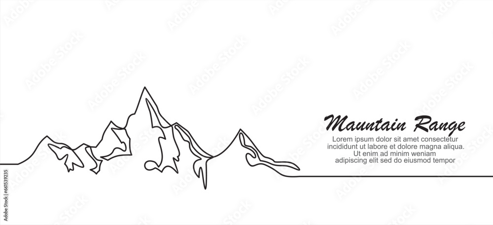 Poster one continuous line drawing of mountain range landscape. web banner with mounts and high peak in sim