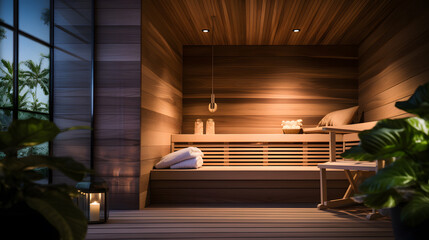 Transport viewers into a tranquil oasis with a stunning photograph of a modern sauna interior. Highlight the detailed woodwork, ambient lighting, and minimalist design that define the ultimate relaxat