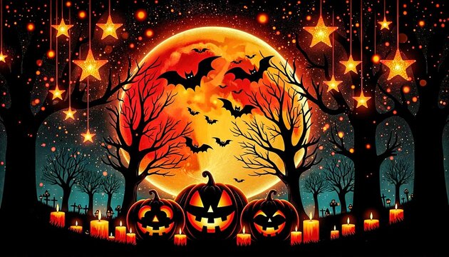 Enchanting Halloween night scene with glowing pumpkins, shimmering stars, flying bats, and eerie trees against a radiant moon backdrop. Perfect for festive designs and spooky settings. Generative AI.