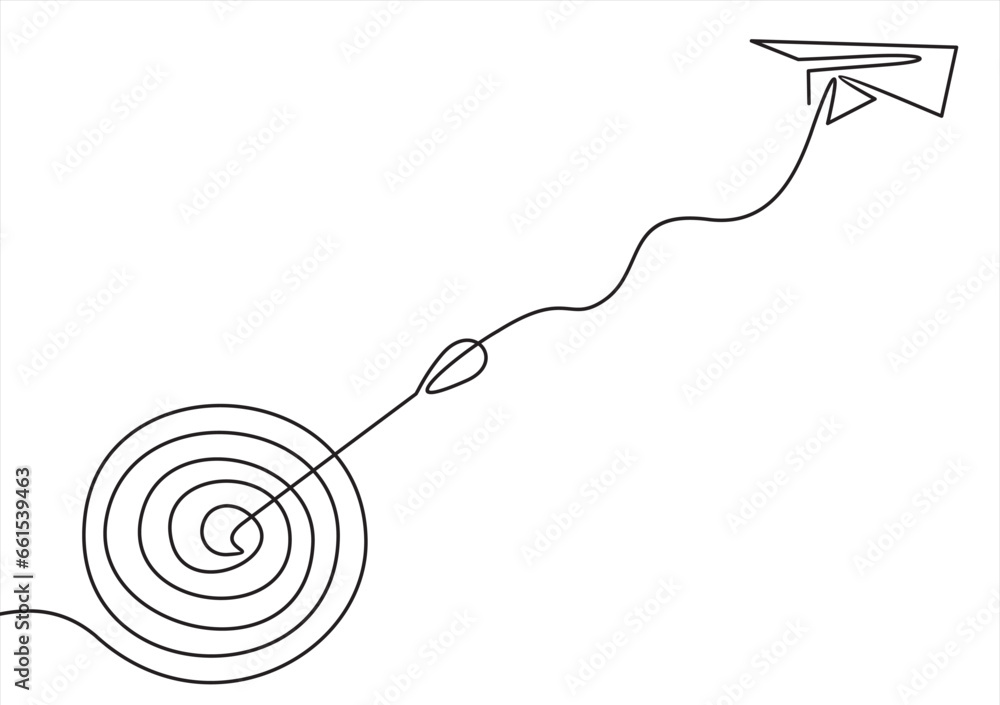 Poster continuous line design of paper airplane flying towards target circle. freedom, courage and success 