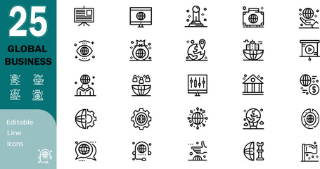 Creative global business outline icon pack such as business learning international global pawn.