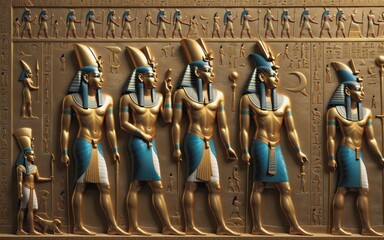 Golden Egyptian figures, Ancient Egyptian hieroglyphs - obrazy, fototapety, plakaty