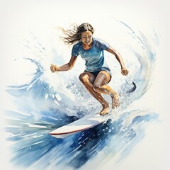 Woman surfing watercolor painting, white background.