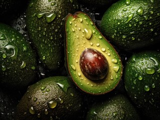 Fresh avocado with water drops