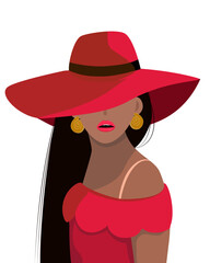 African American woman in red hat. Vector illustration in flat style