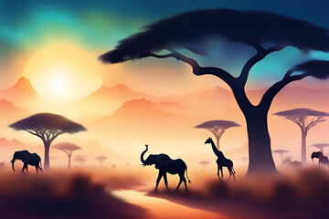 African savannah landscape with trees and giraffe. Generative AI