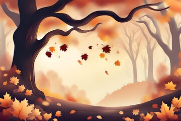 Autumn forest background with falling leaves. Vector illustration. Generative AI
