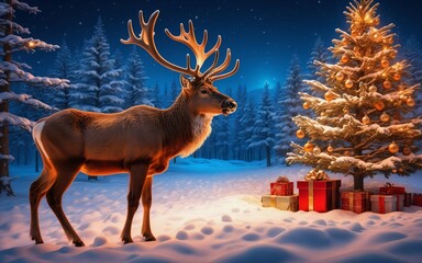 Santa's reindeer, Christmas Christmas mood picture, Christmas card, Christmas tree with gifts