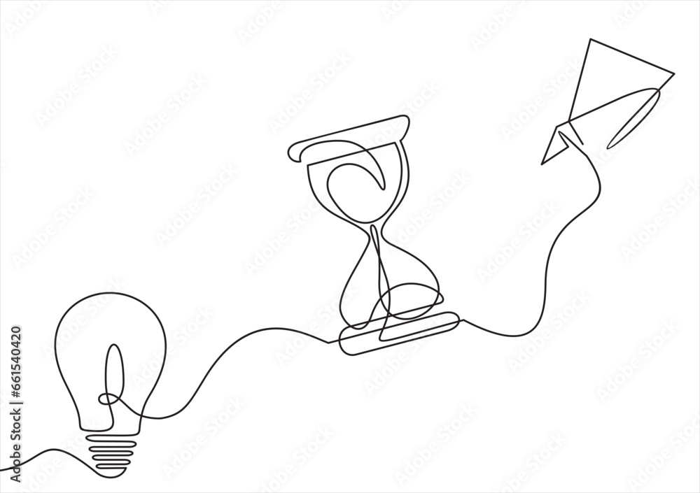 Aufkleber paper plane flying up connected with light bulb and hourglass in one continuous line drawing. airpla