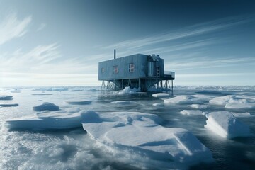 solitary residence on frozen ice formation amid vast sea, signifies seclusion and extremes, crafted with advanced methods. Generative AI