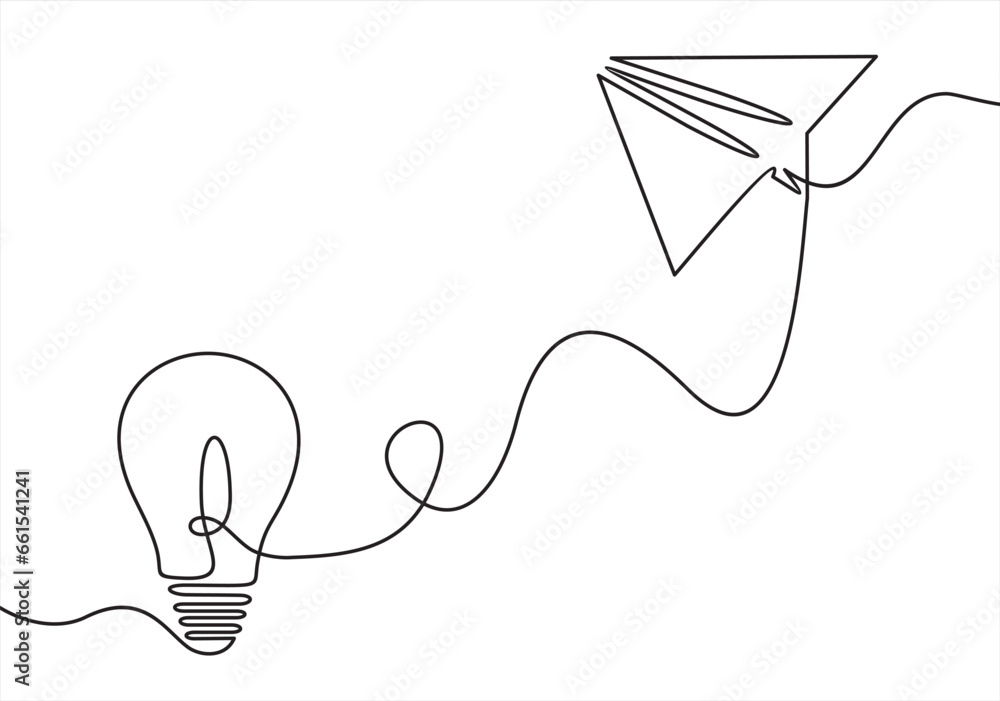 Poster paper plane flying up connected with light bulb in one continuous line drawing. airplane in outline 