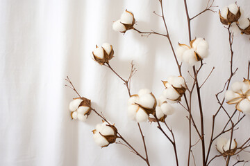 Cotton branch on white fabric background. Flat lay, top view.