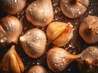 Fresh garlic with water drops Full frame background top view
