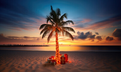 Palm tree in Christmas decoration with presents on exotic beach at night - obrazy, fototapety, plakaty