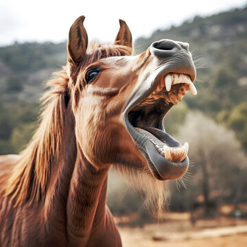 portrait of a horse laughing. AI generated.