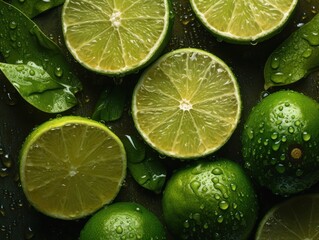 Fresh lime with water drops Full frame background top view