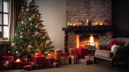 The interior of a spacious living room in a house with a large fir tree decorated with toys and New Year's gifts.