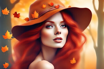 Beautiful redhead girl with autumn leaves in hat. Generative AI