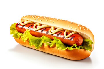 Hot dog with ketchup and mustard on a white background, isolated