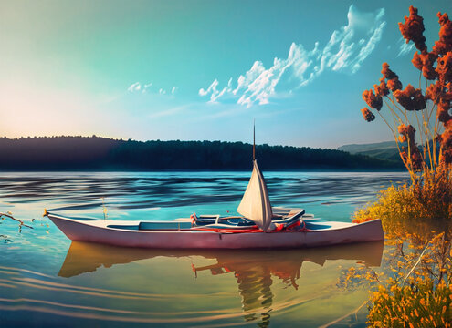 Beautiful sunset on the lake with boat and reeds in the foreground. Generative AI