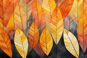 autumn leaves drawing in watercolor with stripes border Generative AI