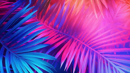 Obraz premium Tropical palm leaves in vibrant gradient color, holographic colours. Minimal art concept 